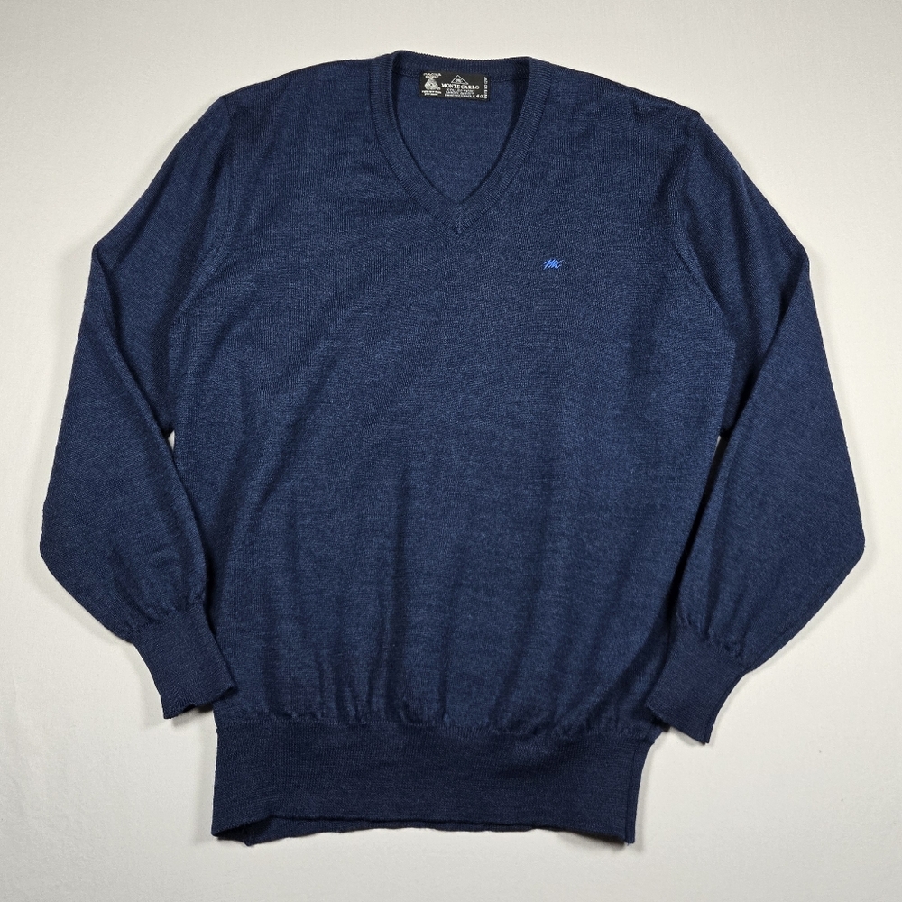 Monte Carlo Magna Wool Navy V-Neck Preppy Country Club Sweater Size 40